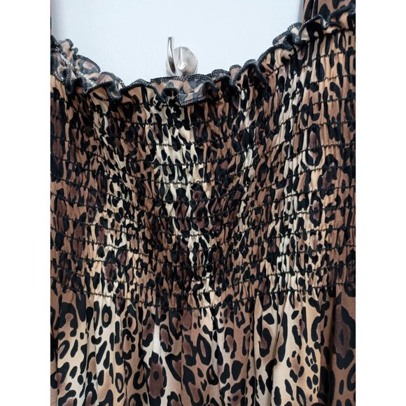 Only Nine Womens Babydoll Tank Top Large Black Brown Animal Print Smocked BOHO - Picture 2 of 6